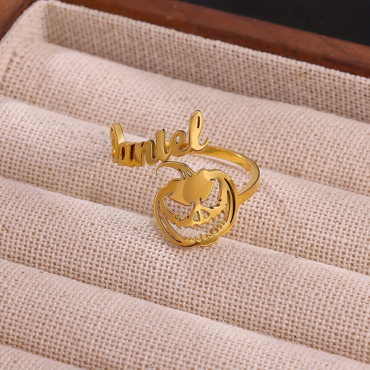 Personalized Stainless Steel Halloween Angry Pumpkin Name Open Ring